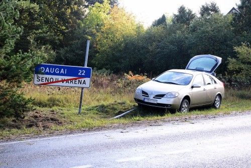 Prie Senosios Varėnos moters vairuojamas automobilis trenkėsi į pakelės ženklą