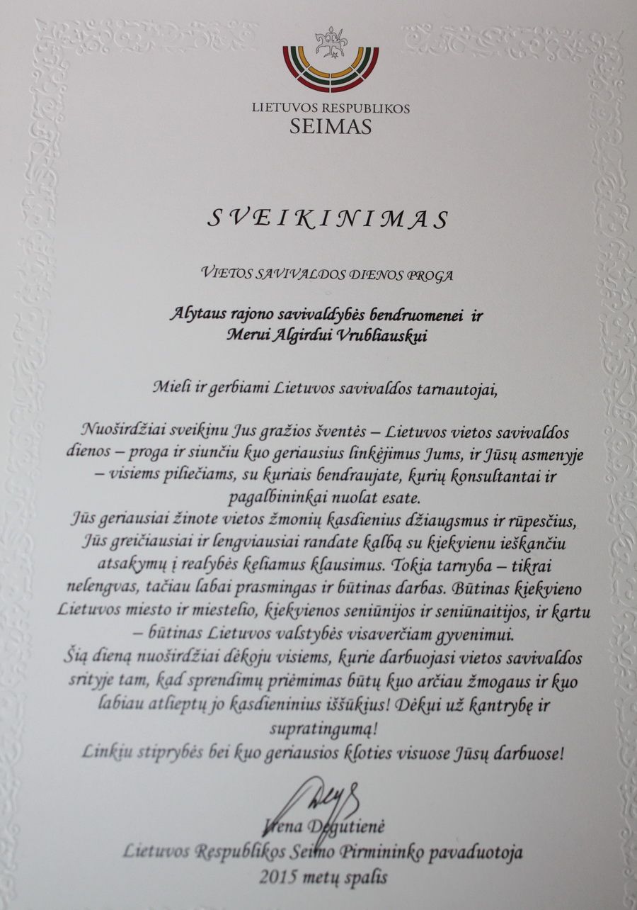Vietos savivaldos dienos proga – Irenos Degutienės sveikinimas