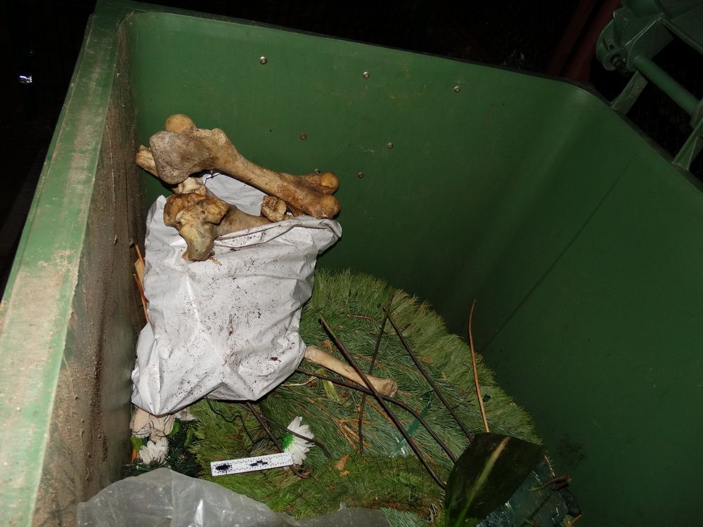 Rasti kaulai šiukšlių konteineryje prie Alovės kapinių