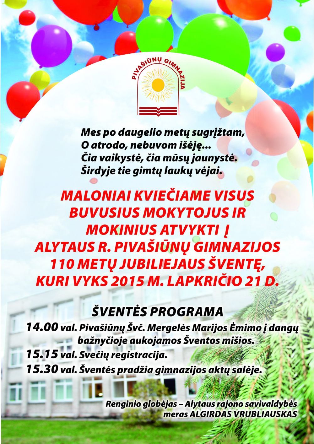 Lapkričio 21-ąją Pivašiūnų gimnazija švęs 110 metų jubiliejų