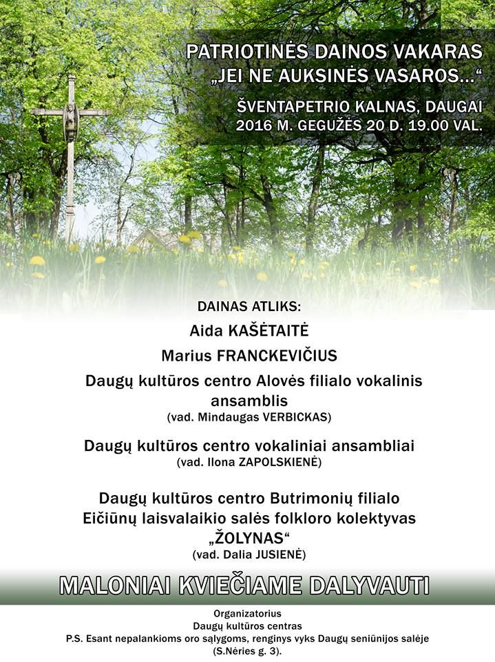 Penktadienį ant Daugų Šventapetrio kalno skambės patriotinės dainos