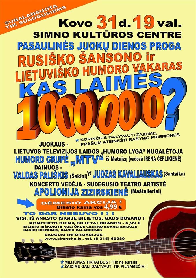 Kovo 31-ąją Simne – Humoro vakaras “Kas laimės milijoną?
