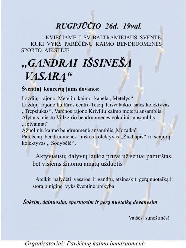 Rugpjūčio 26-ąją Parėčėnuose – Šv.Baltramiejaus šventė “Gandrai išsineša vasarą”
