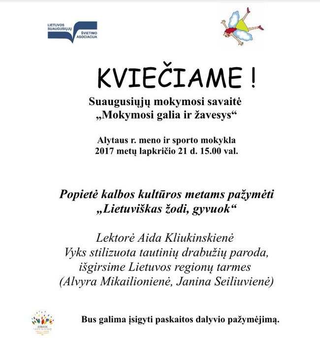 Antradienį Alytaus r.meno ir sporto m-kloje – suaugusiųjų mokymosi savaitė