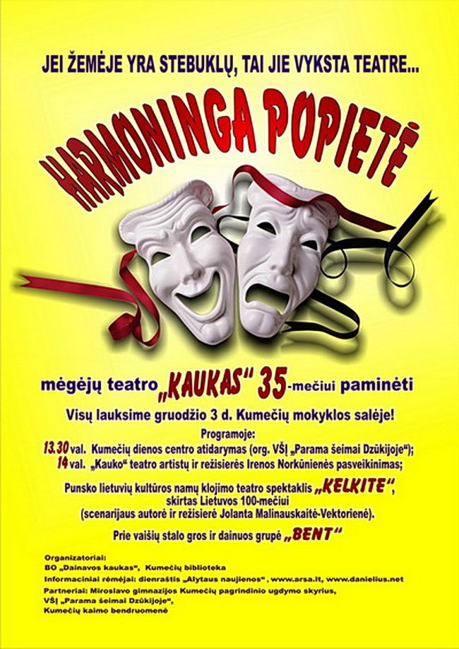 Sekmadienį Kumečiuose mėgėjų teatras “Kaukas” švęs 35-metį!