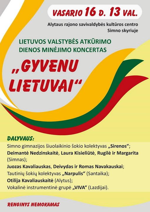 Sekmadienį Simne  – iškilminga Vasario 16-osios šventė! Kviečiame atvykti!