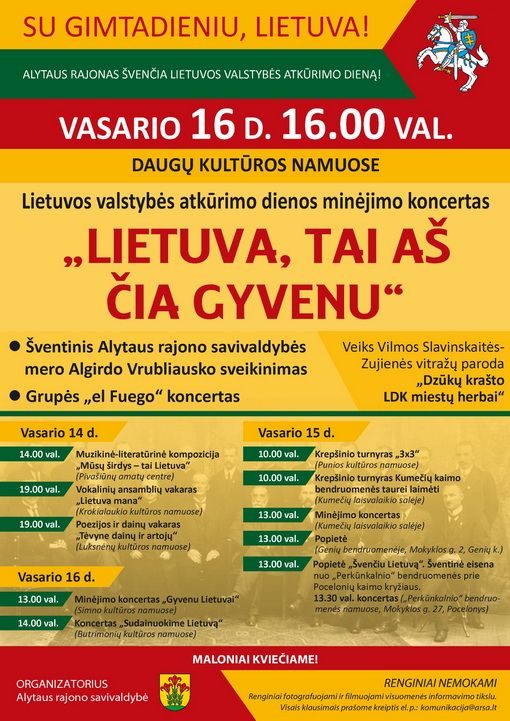 Sekmadienį Dauguose – Vasario 16-osios iškilmingas minėjimas su grupe elFuego